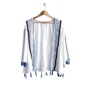 Wrangler Women's Fringe Kimono Open Front Shirt Bohemian Gauzy Blue Small